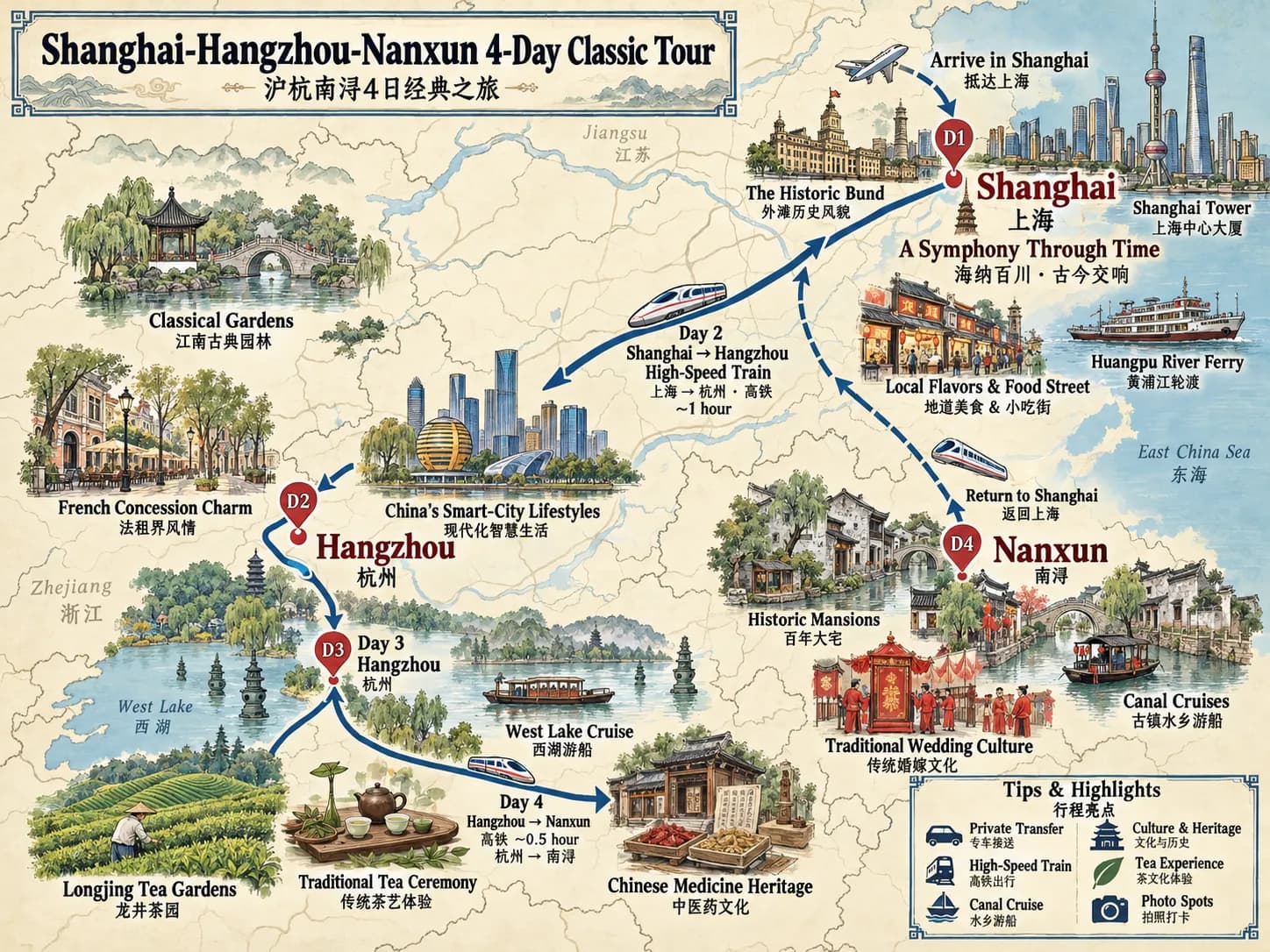Shanghai and Jiangnan Culture in-depth exploration trip | 4-day refined itinerary route map