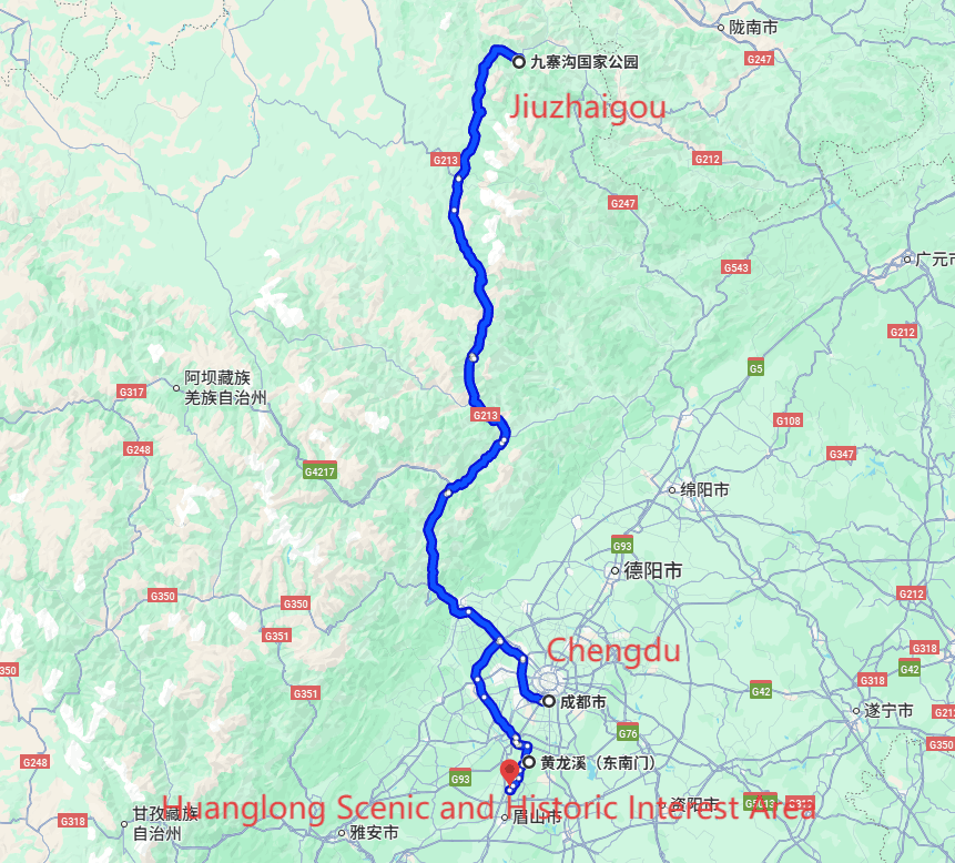 Chengdu Tourism: 5-day 4-night · Private Tour · Chengdu+Jiuzhaigou+Huanglong Scenic and Historic Interest Area route map