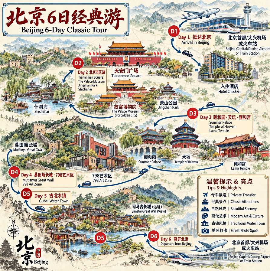 Beijing Tours: 6 days 5-night · Private Tour · The Palace Museum+Beijing WTown+MuTianYu Great Wall+Temple of Heaven route map