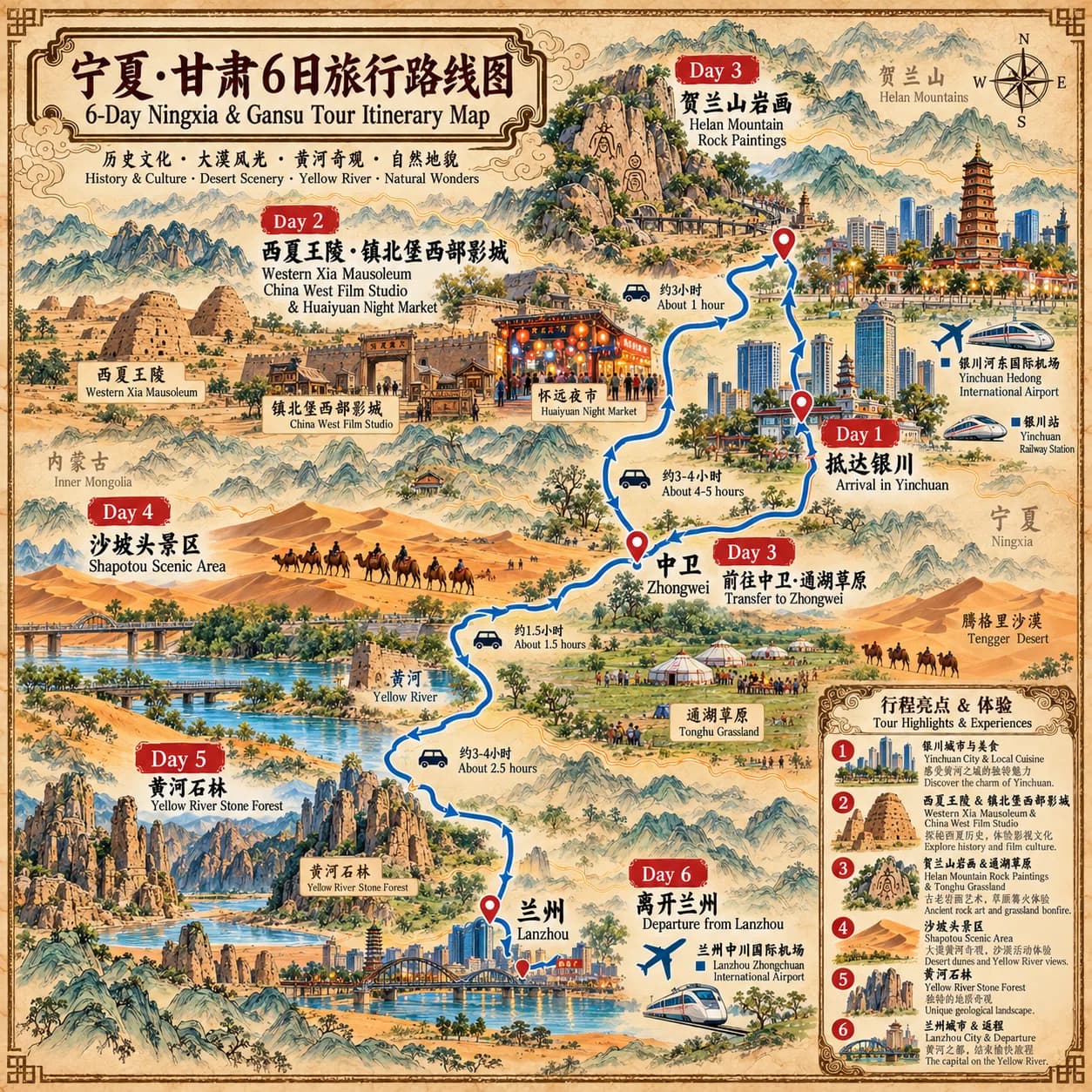 Yinchuan Tour: 6-day 5-night · Private tours · Yinchuan + Shapotou Scenic Area + Yellow River Stone Forest + Tengger Desert route map