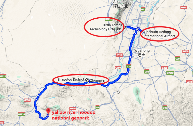 Yinchuan Tour: 6-day 5-night · Private tours · Yinchuan + Shapotou Scenic Area + Yellow River Stone Forest + Tengger Desert route map