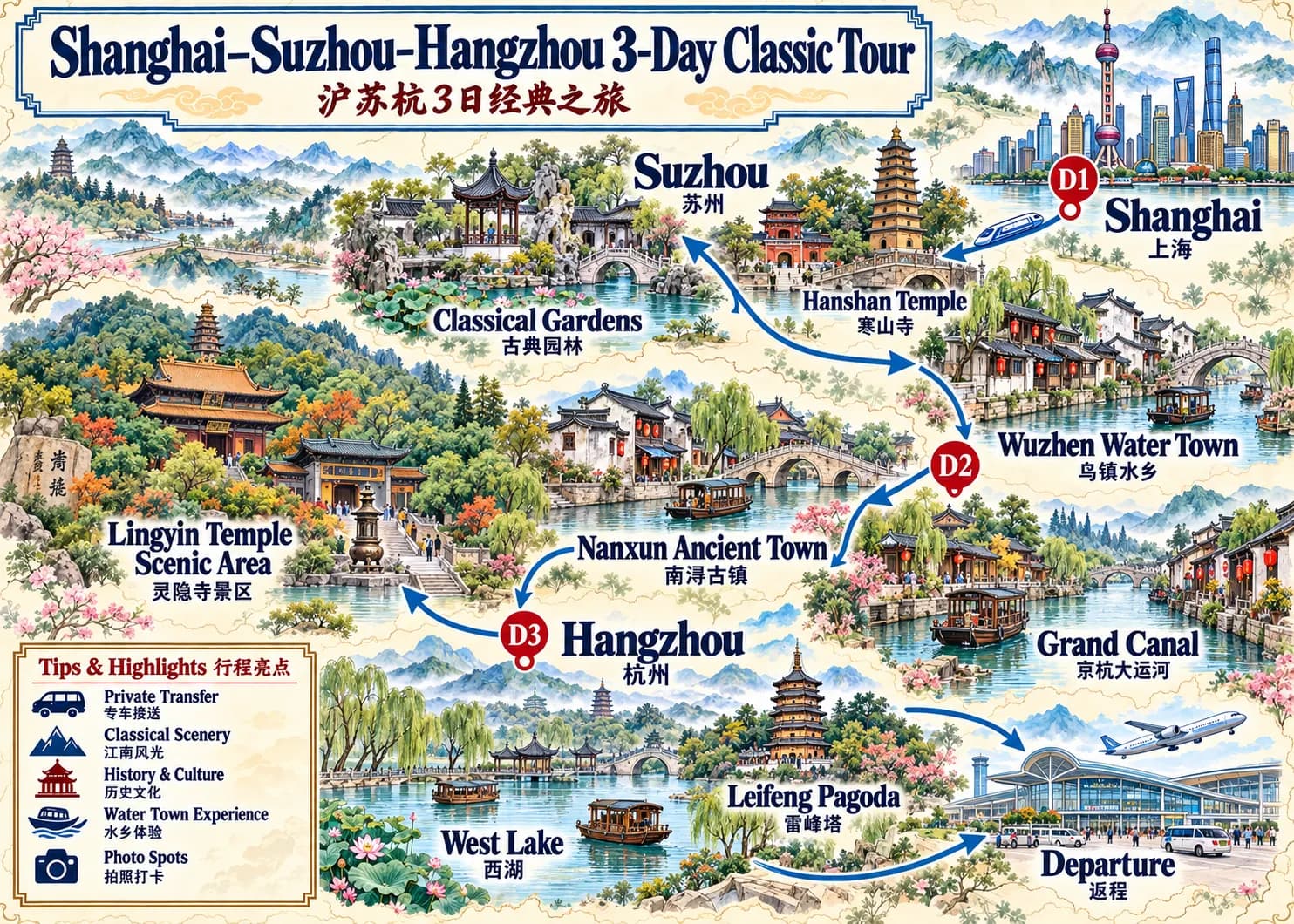 Shanghai Tourism: 3-day · Private Tour · Shanghai+Suzhou+Hangzhou+Wuzhen route map
