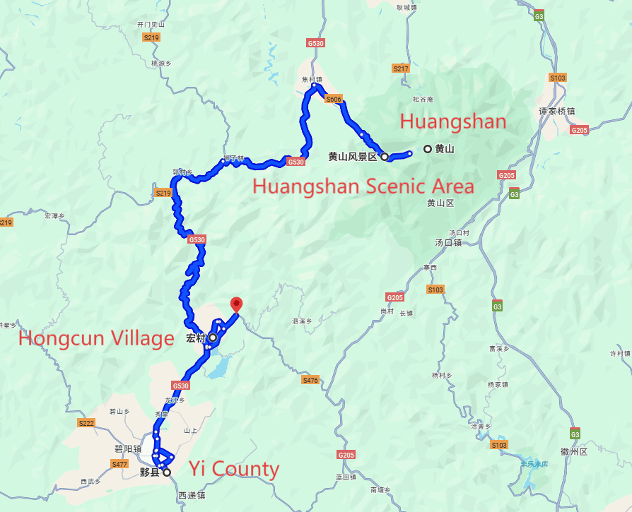 Hongcun Village Tour: 6-day 5-night · Private Tour · Huangshan + Yi County + Huangshan Scenic Area + Hongcun Village route map