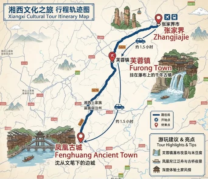 China Zhangjiajie Tourism: 6-day · Private Tour · Zhangjiajie+Fenghuang Ancient Town+Furong Town route map