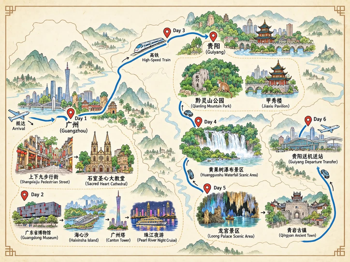 Guiyang Tour: 6-day 5-night · Private Tour · China+Guangzhou+Guiyang route map