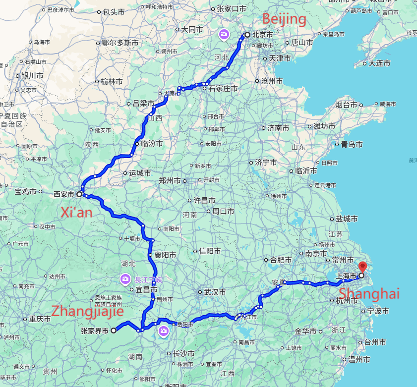 11 Days China Tour Package: 10-night · Private Tour · Beijing+Xi'an+Zhangjiajie+Shanghai route map