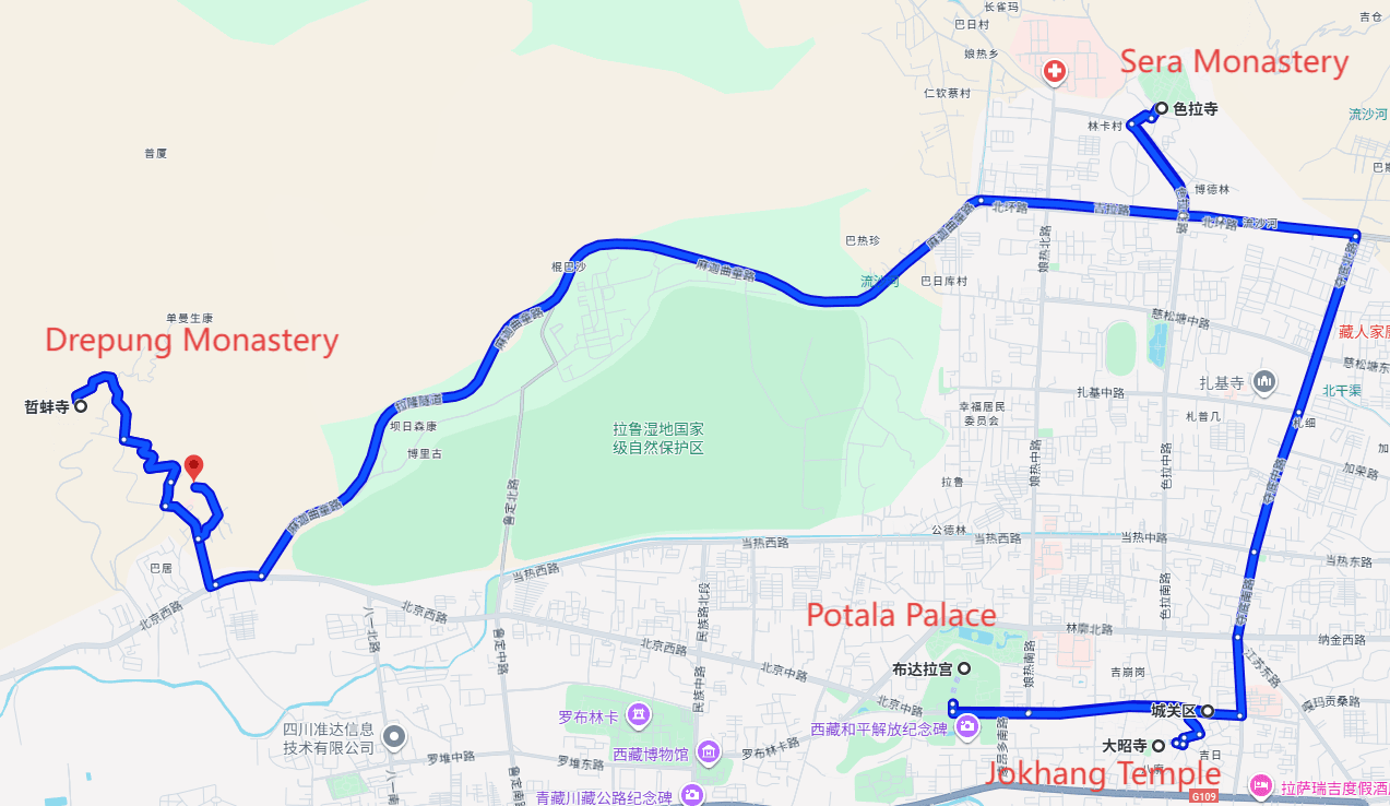 TibetLhasa Tour: 4-day 3-night · Private Tour · TibetLhasa+Potala Palace+Jokhang Temple+Sera Monastery+Drepung Monastery route map