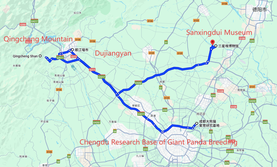 Chengdu Research Base of Giant Panda Breeding Tours: 5-day 4-night · Private Tour · Chengdu Research Base of Giant Panda Breeding+Dujiangyan+Qingcheng Mountain+Sanxingdui Museum route map