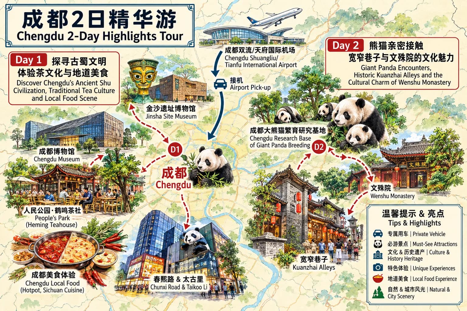 Chengdu Wenshu Monastery Tours: 2-day 1-night · Private Tour · Jinsha Site Museum+Chengdu Research Base of Giant Panda Breeding+Wenshu Monastery route map