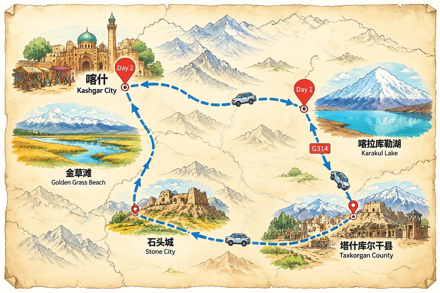 The Kalakul Lake Tour: 2-day 1-night · Private Tour · China+Xinjiang+Kashgar+The Kalakul Lake route map