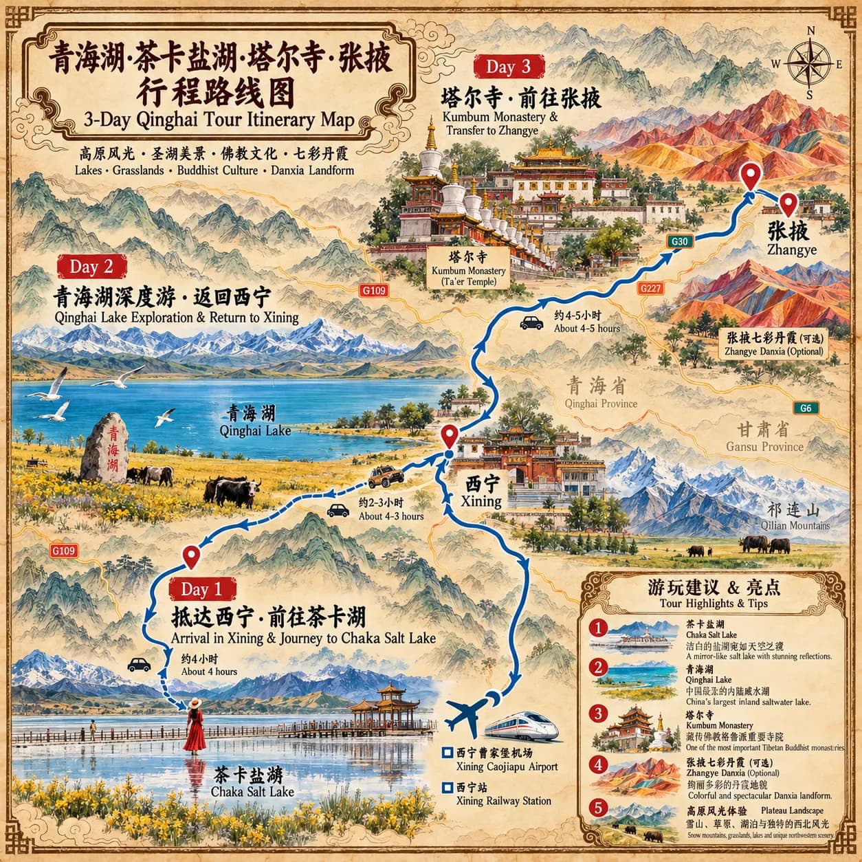 Kumbum Monastery Tour: 8-day 7-night · Private tours · Kumbum Monastery + Qinghai Lake + Zhangye Buddha Temple + Pingshan Lake Grand Canyon + Mogao Caves route map