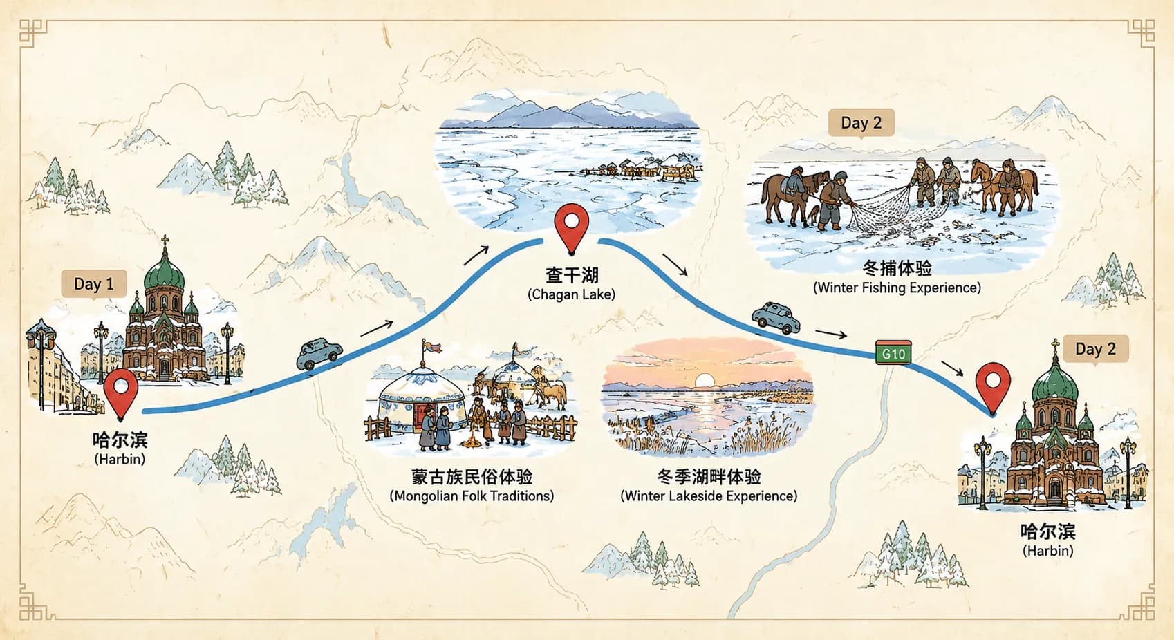Harbin Tours: 2-day 1-night · Private Tour · Harbin+Chagan Lake route map