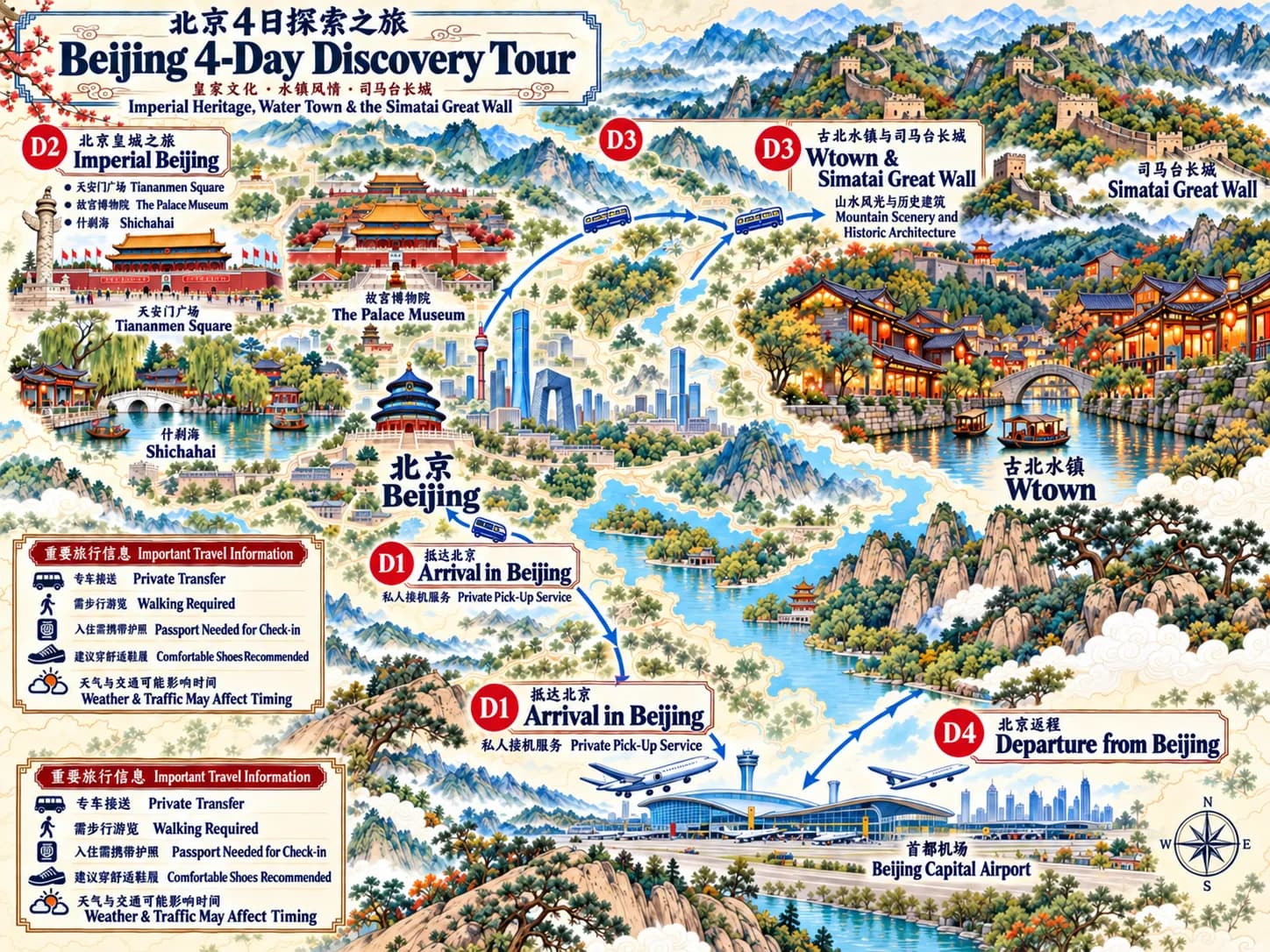 China Travel Beijing: 4-day 3-night · Private Tour · Beijing+Beijing Wtown route map