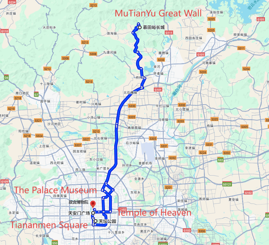 Zhangjiajie Holiday Packages: 2-day 1-night · Private Tour · Tiananmen Square+Temple of Heaven+MuTianYu Great Wall+The Palace Museum route map