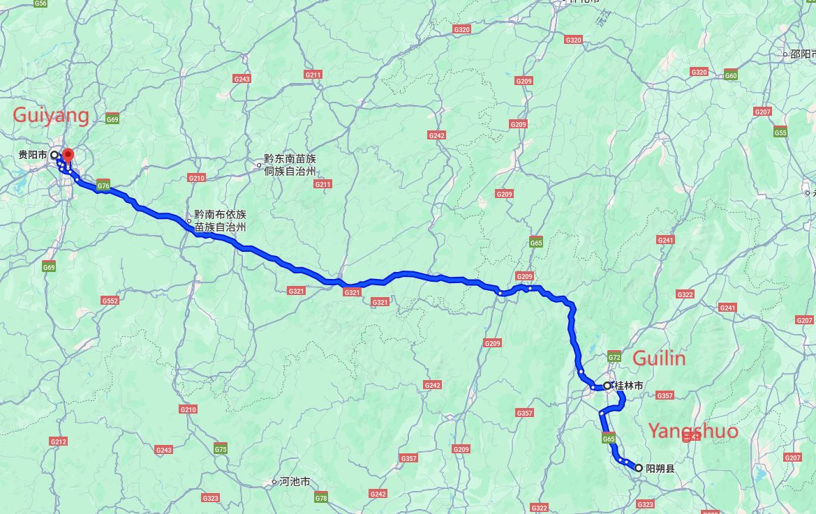 Guilin Yangshuo Travel Package: 8-day 7-night · Private Tour · Yangshuo+Guilin+Guiyang+Kaili+Leishan+Gaoyao Terrace route map