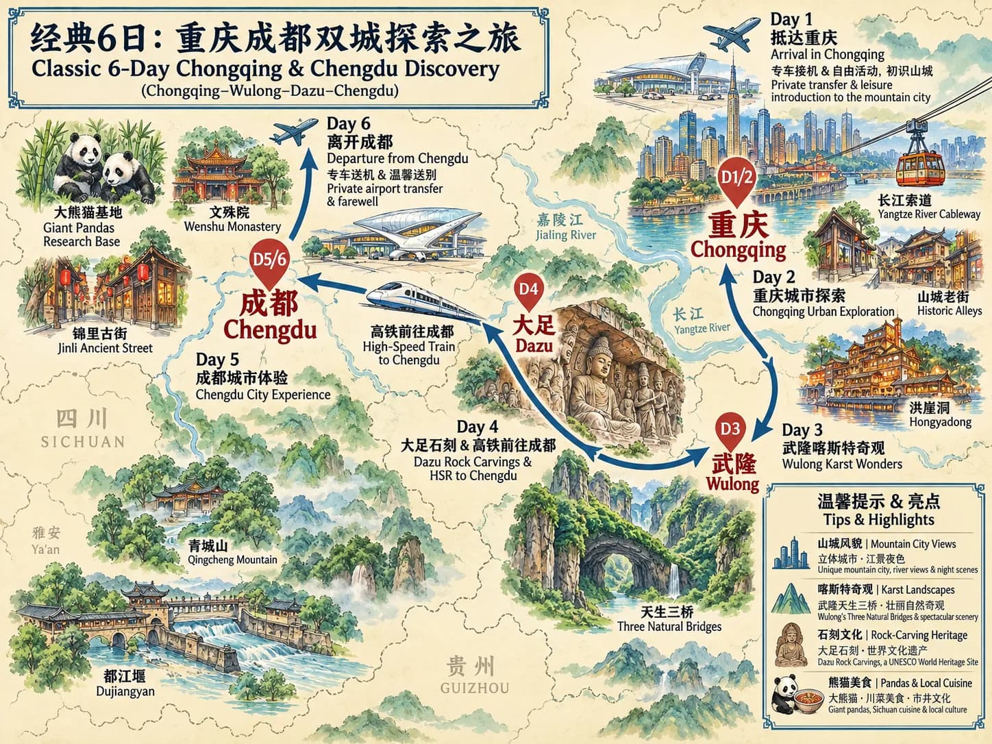 Mountain City Phantom·Panda Tour——Chongqing Chengdu 6-day tour route map