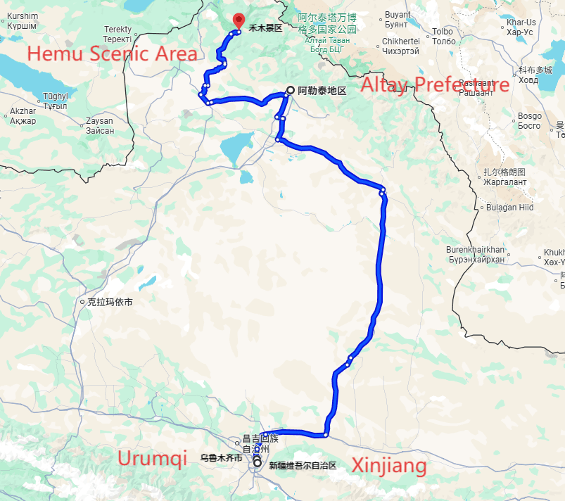 Xinjiang Tour: 7-day 6-night · Private Tour · Xinjiang+Urumqi+Altay Prefecture+Kanas+Hemu Scenic Area route map