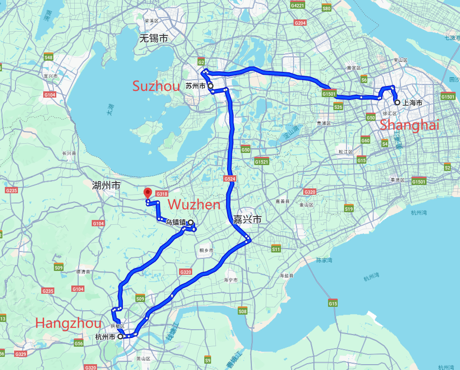 Shanghai Tour: 4-day 3-night · Private Tour · Shanghai+Suzhou+Hangzhou+Wuzhen route map