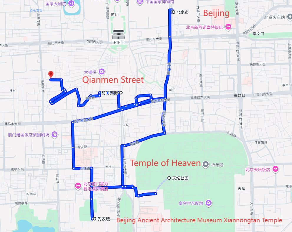 China Temple of Heaven Tourism: 2-day 1-night · Private Tour · Beijing+Temple of Heaven+Beijing Ancient Architecture Museum Xiannongtan Temple+Qianmen Street route map
