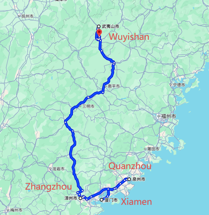 Wuyishan Tour: 7-day 6-night · Private Tour · Xiamen+Quanzhou+Zhangzhou+Wuyishan route map