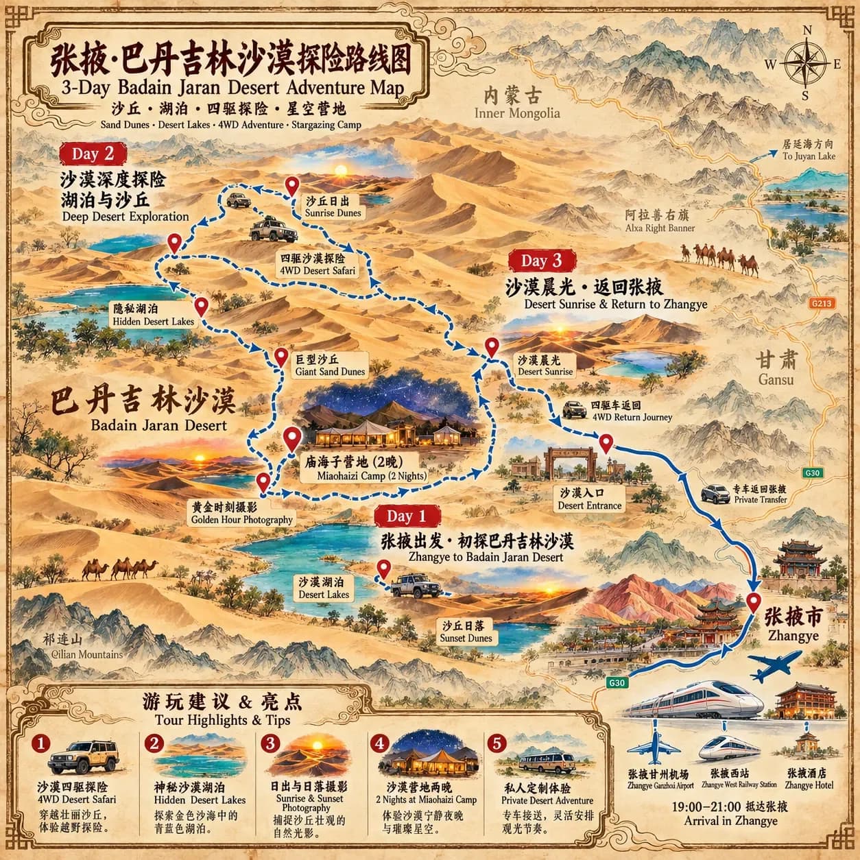 Zhangye Tour: 3-day 2-night · Private tours · Badain Jaran Desert + Zhangye route map