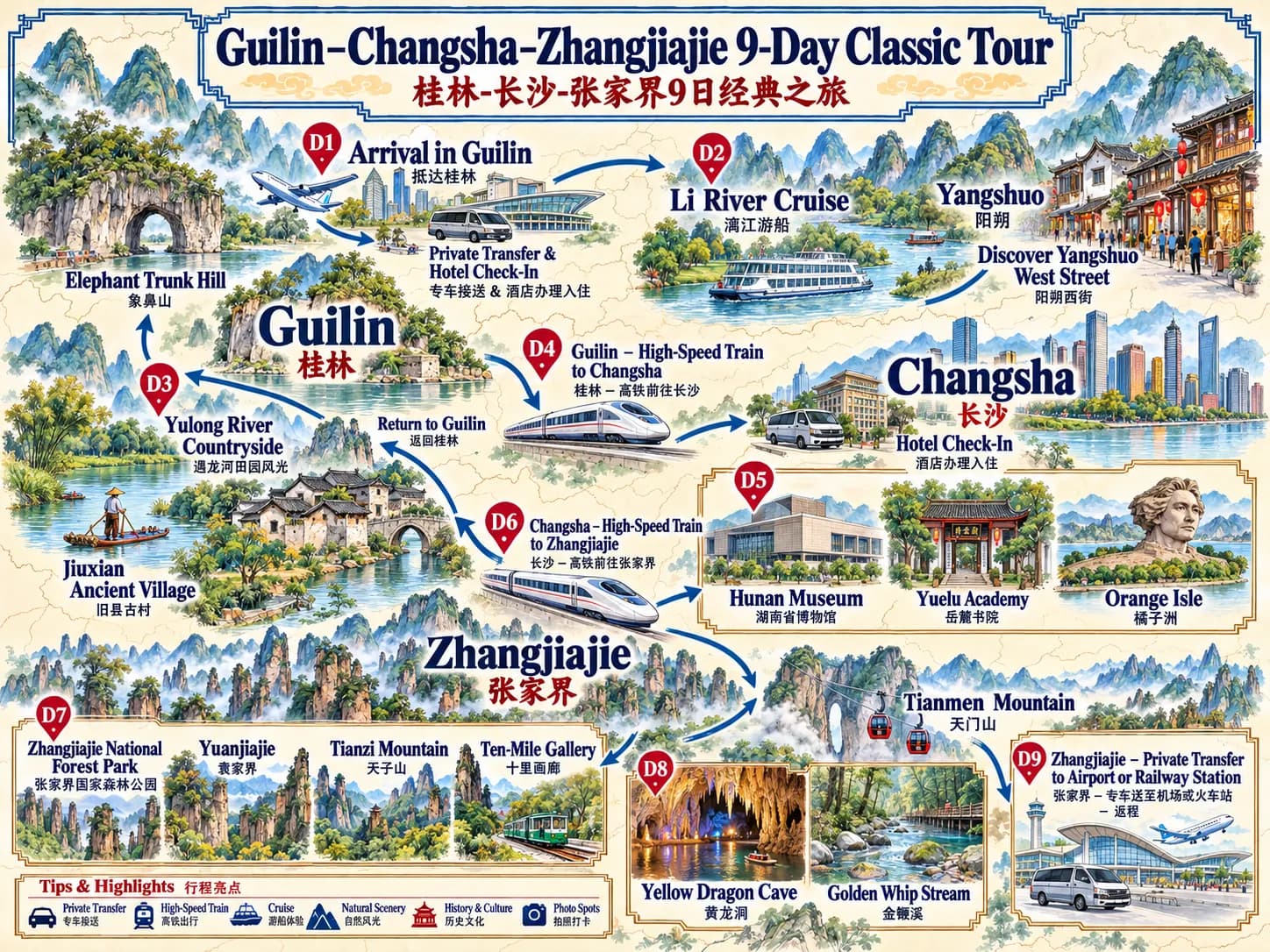 Guilin Summer Vacation Tour: 9-day 8-night · Private Tour · Yangshuo+Guilin+Changsha+Zhangjiajie+Yuelu Academy route map
