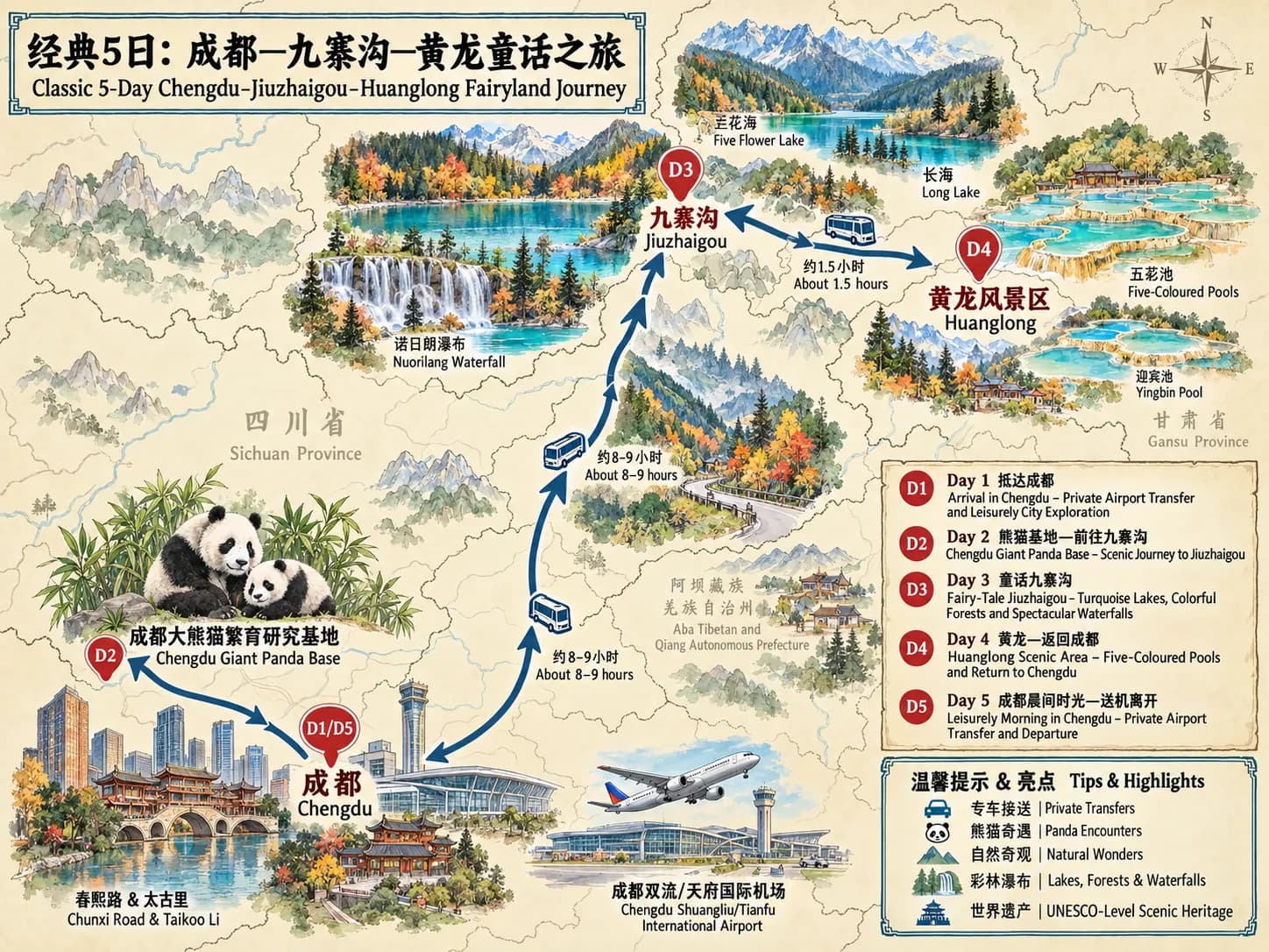 Chengdu Tourism: 5-day 4-night · Private Tour · Chengdu+Jiuzhaigou+Huanglong Scenic and Historic Interest Area route map