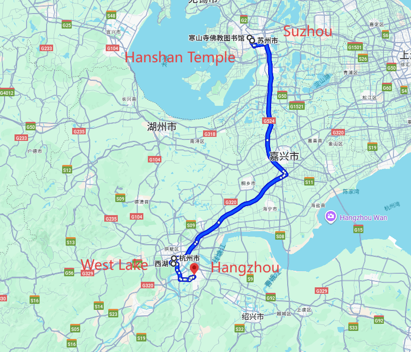 Hangzhou Tour: 5-day 4-night · Private Tour · Suzhou+Hangzhou+Hanshan Temple+West Lake route map