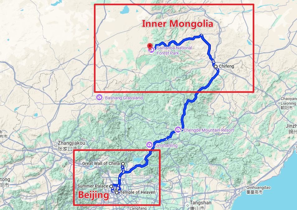 Beijing Tour: 8-day 7-night · Private tours · Beijing + Chifeng route map