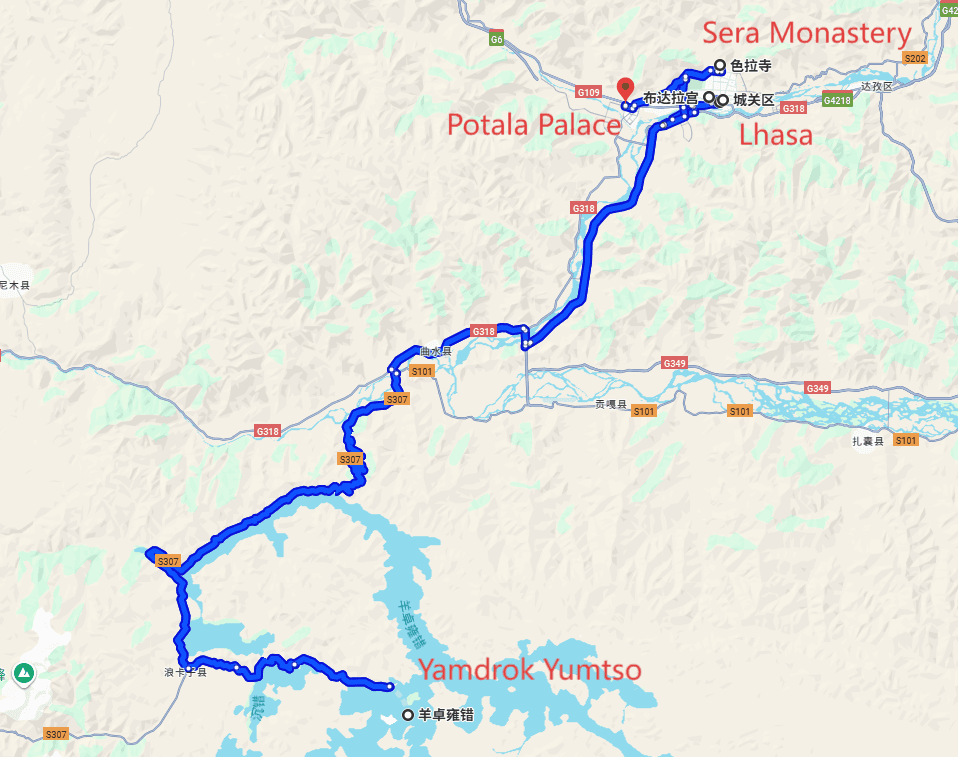 Tour to Sera Monastery: 3-day 2-night · Private Tour · TibetLhasa+Potala Palace+Jokhang Temple+Yamdrok Yumtso+Sera Monastery route map
