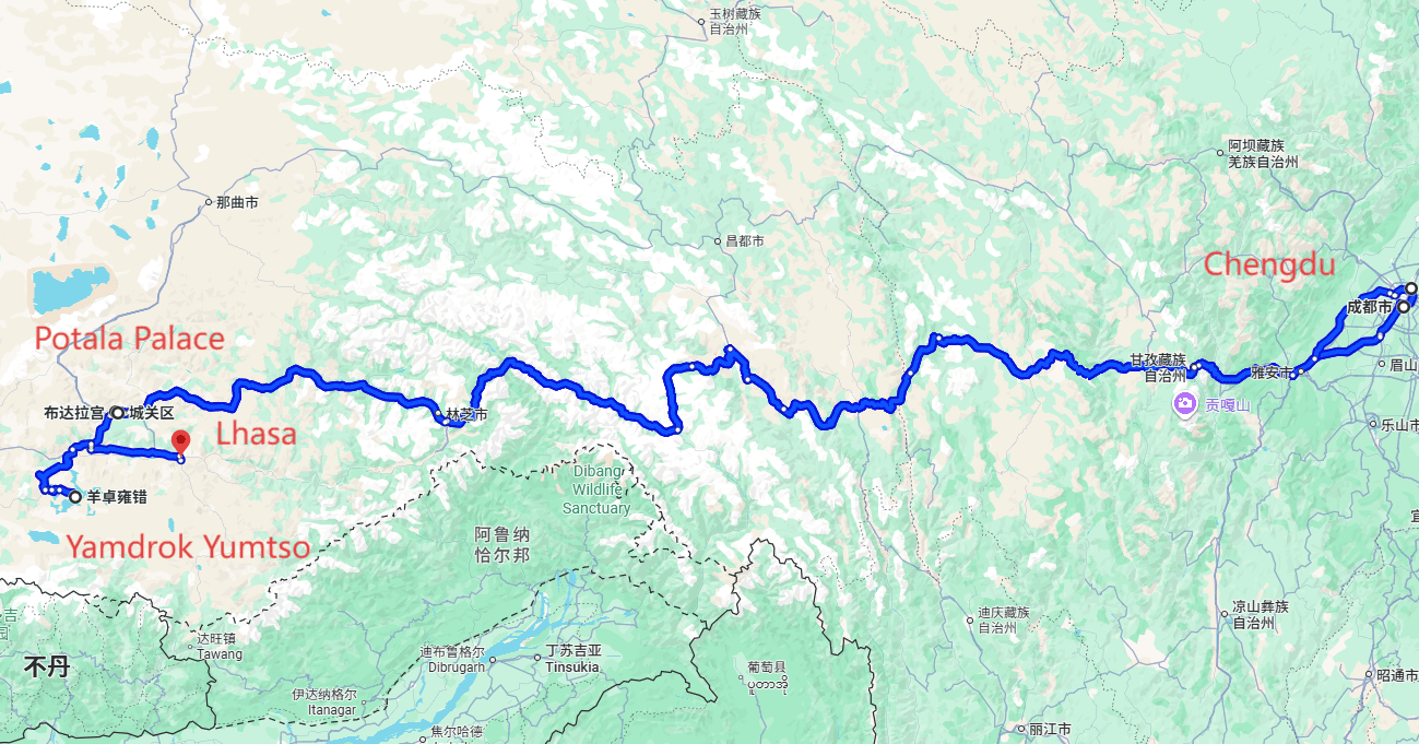 Chengdu Tour: 6-day 5-night · Private Tour · Chengdu+Lhasa+Chengdu Research Base of Giant Panda Breeding+Potala Palace+Yamdrok Yumtso route map