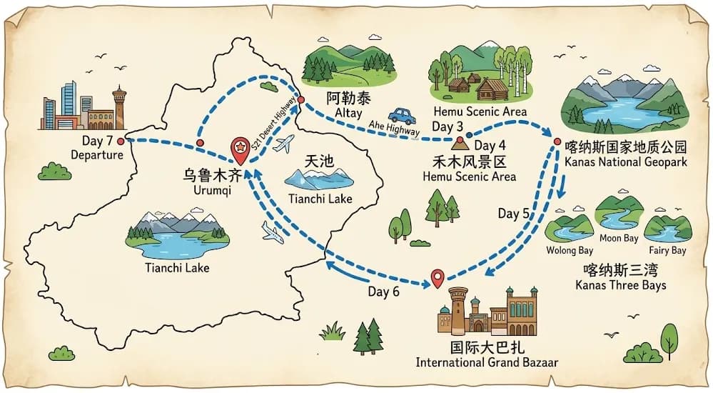 7-Day Xinjiang Private Tour: Urumqi, Altay, Kanas & Hemu Scenic Adventure route map