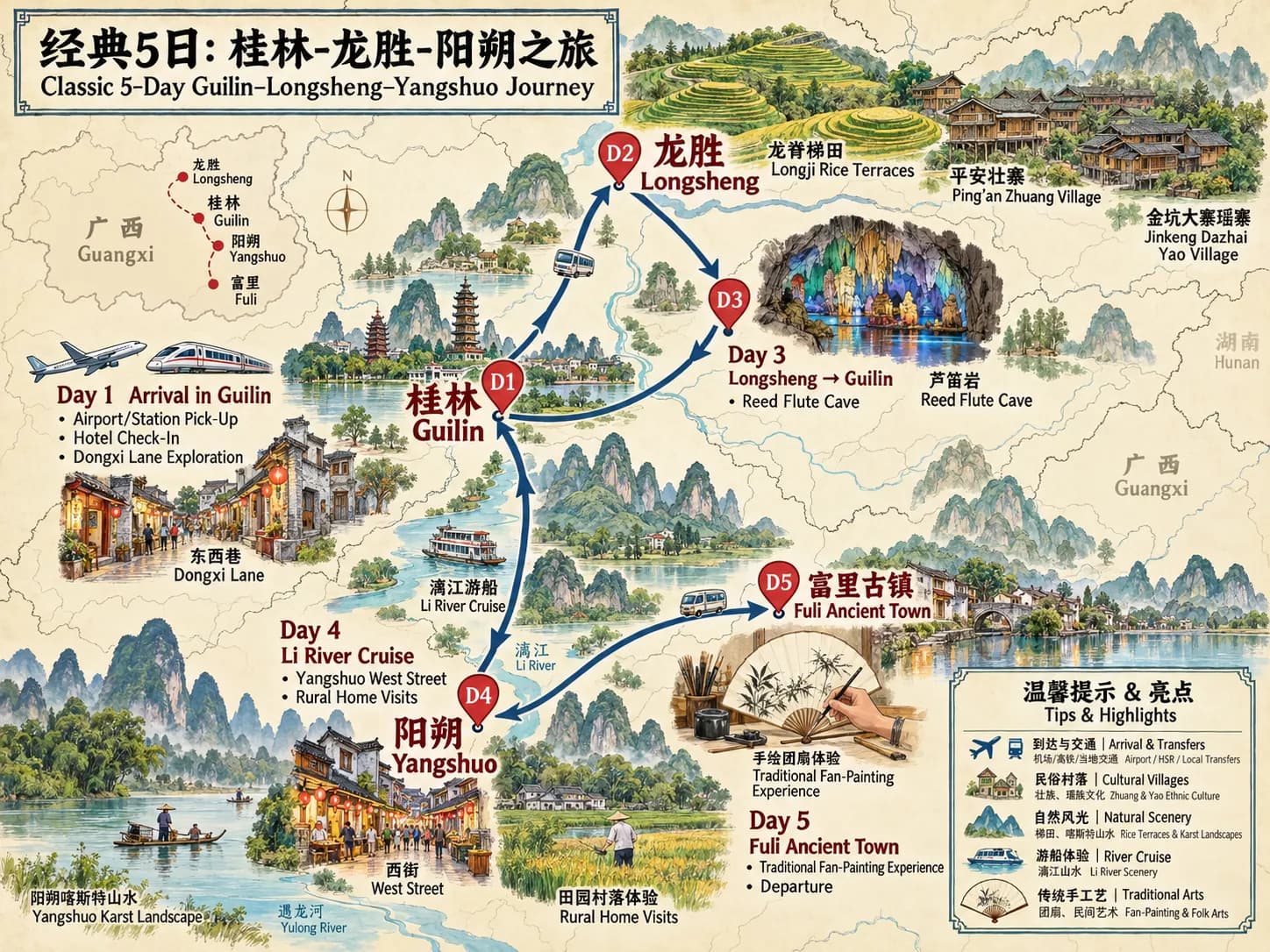 Guilin Tour: 5-day 4-night·Private Tour·Guilin+Longji Rice Terraces+Reed Flute Cave+Fuli Ancient Town route map
