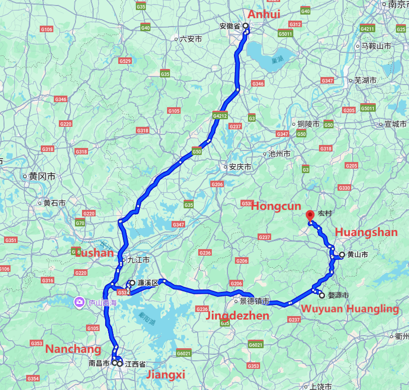 Anhui Huangshan Tour: 7-day 6-night · Private Tour · Jiangxi+Anhui+Nanchang+Lushan+Jingdezhen+Wuyuan Huangling+Huangshan+Hongcun route map